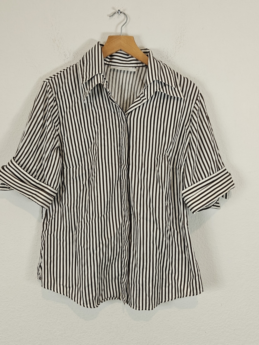 Anne Fontaine Black White Striped Button Down Shirt Wide Layer Collar Cuff 44